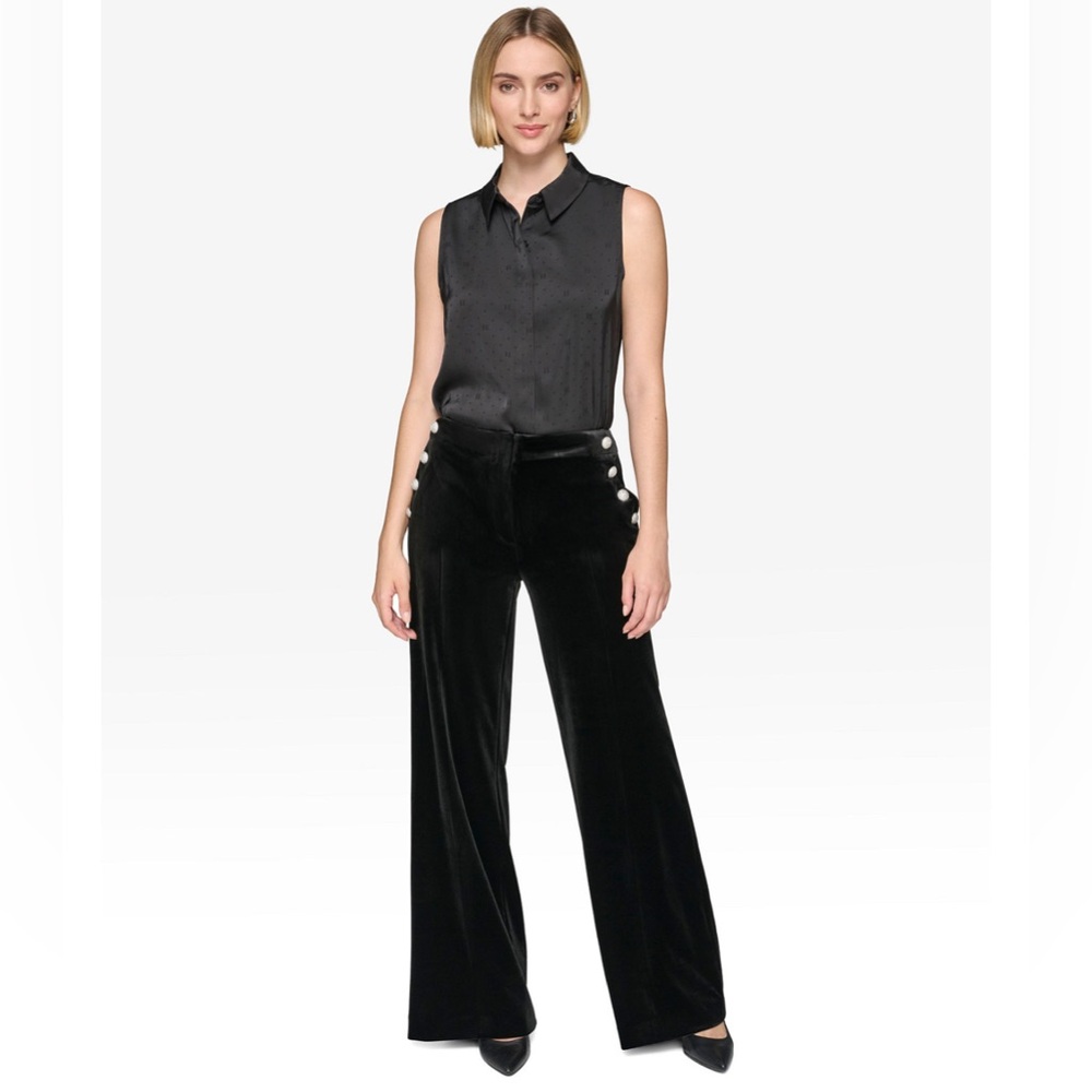 Karl Lagerfeld Velvet Pants Women's Size 12 Black Wide Leg Rhinestone Detail. - Picture 2 of 13